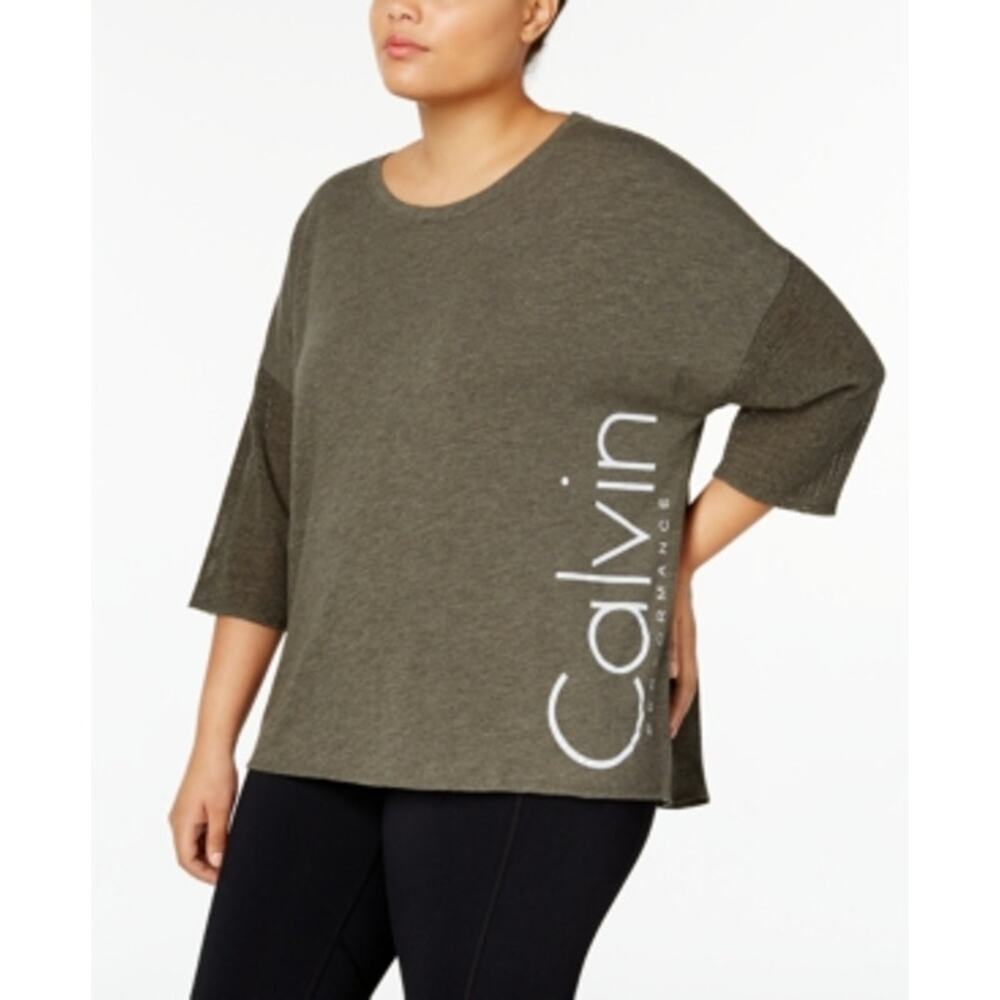 Calvin Klein Women's Plus Size Olive Logo Tee 3/4 Sleeve Oversized Top Size 2X - Picture 1 of 4